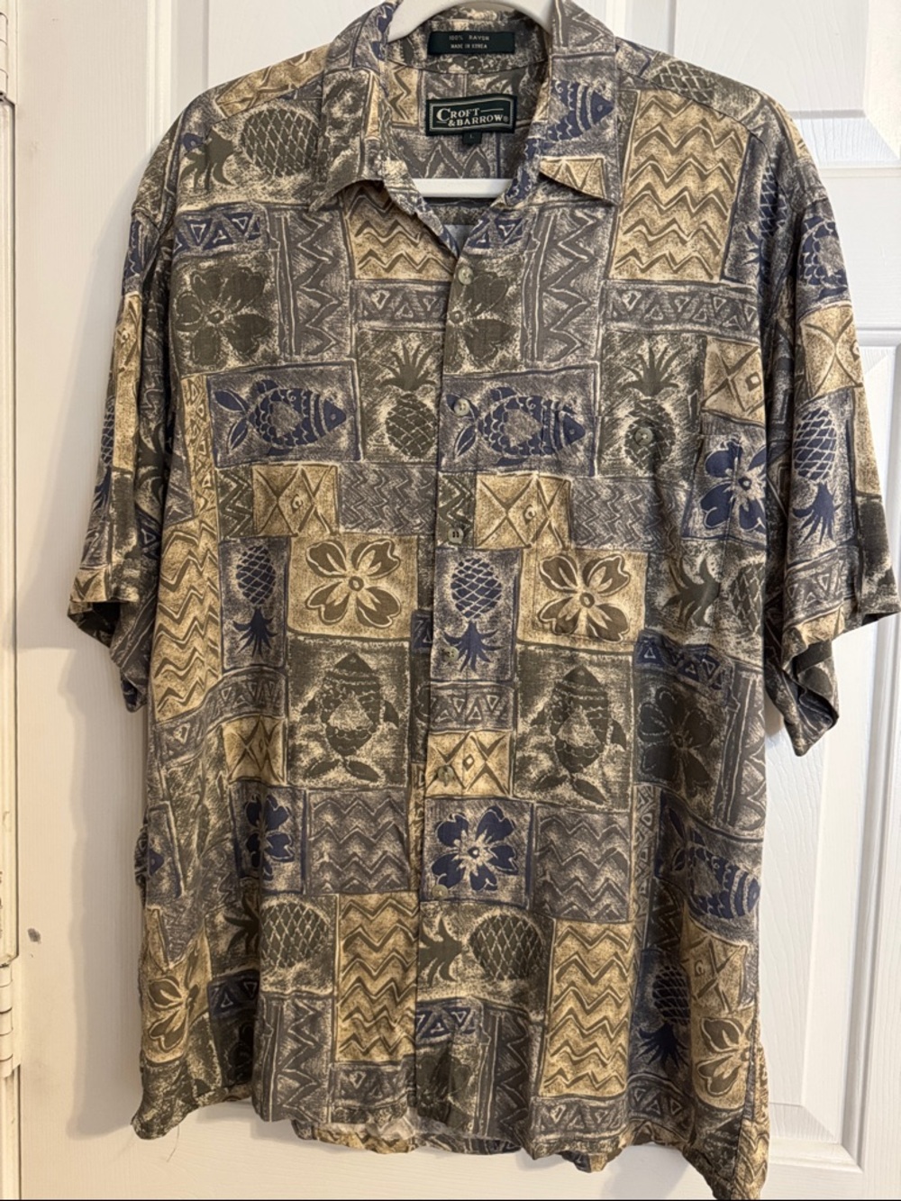Croft & Barrow Short-Sleeve Patchwork Button-Down Shirt in Gray, Blue & Tan
